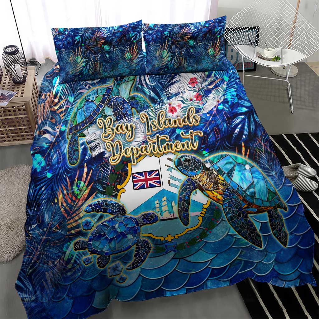 Blue duvet cover and pillow set with sea turtles, tropical plants, and wave scales