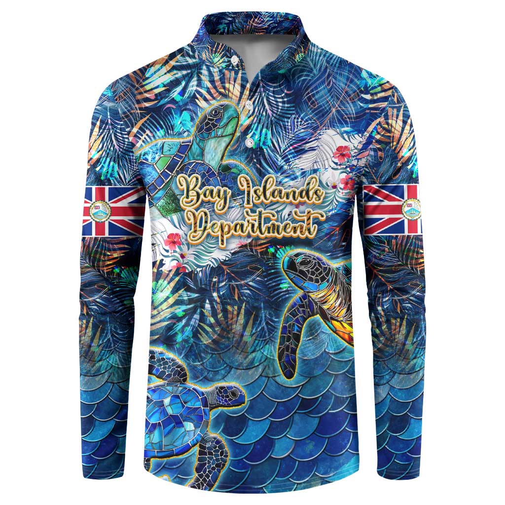 Men's blue button sweatshirt with sea turtle tropical print and long sleeves