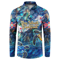 Men's blue button sweatshirt with sea turtle tropical print and long sleeves