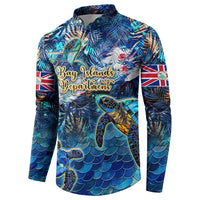 Men's blue button sweatshirt front with sea turtle scale pattern and long sleeves