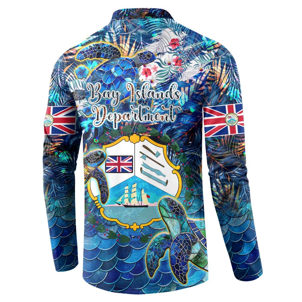 Men's blue button sweatshirt back with sea turtle and tropical map flag graphic