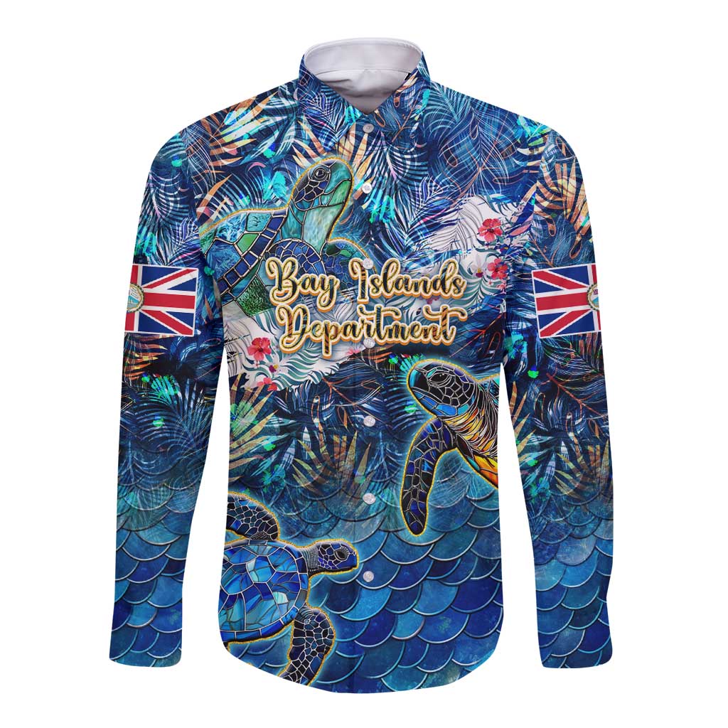 Unisex long-sleeve button shirt, blue sea-turtle tropical print with Union Jack graphics