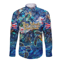 Unisex long-sleeve button shirt, blue sea-turtle tropical print with Union Jack graphics
