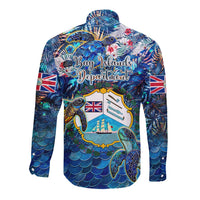 Unisex long-sleeve button shirt, blue sea-turtle tropical print with Bay Islands map graphic