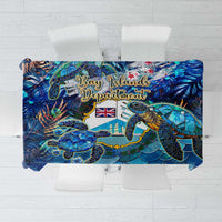 Blue sea turtle tropical pattern tablecloth with colorful marine artwork, rectangular.