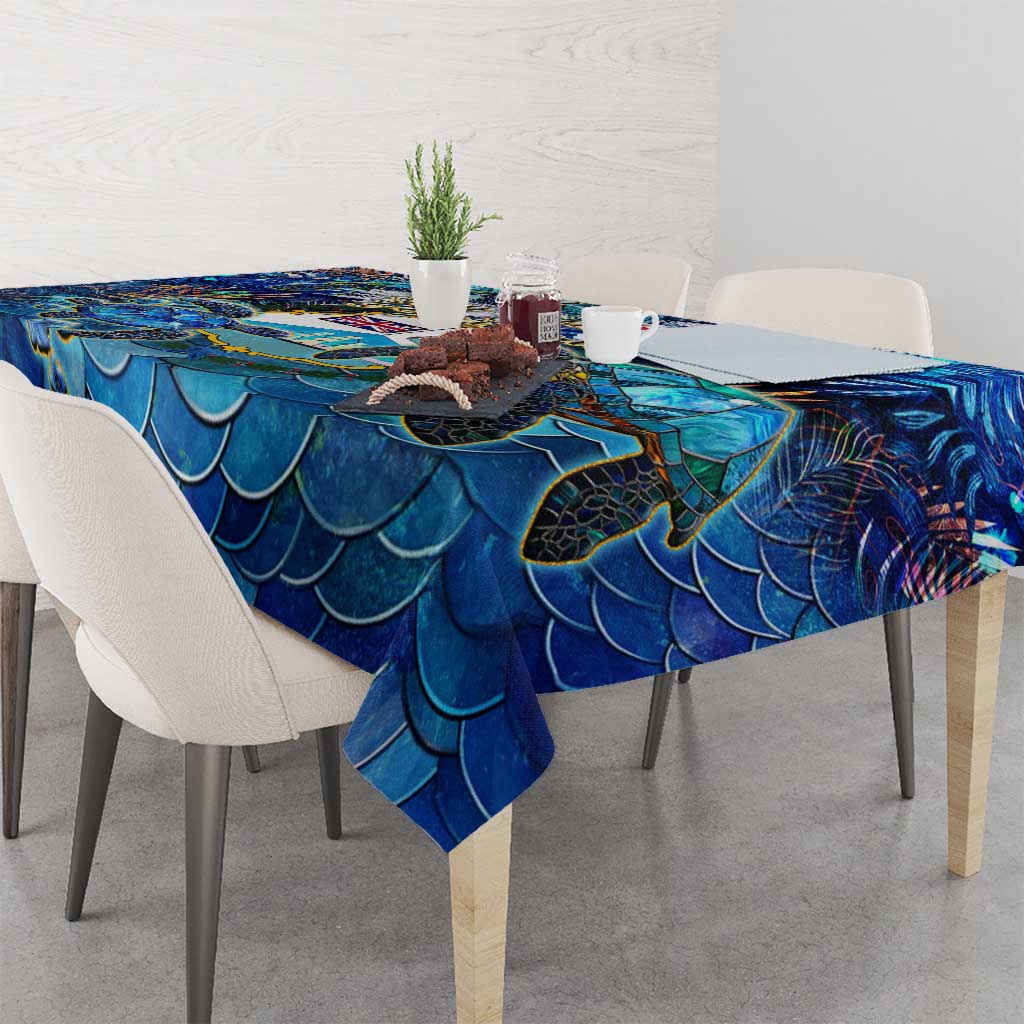 Blue sea turtle tropical tablecloth, scalloped scales pattern with marine details.
