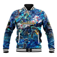 Guadeloupe blue baseball jacket with sea turtle tropical graphic, snap front, striped rib collar