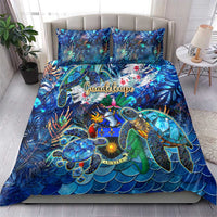 Blue sea turtle tropical bedding set with duvet and two pillowcases on bed