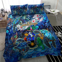 Blue sea turtle tropical bedding set with duvet and pillowcases, colorful shell artwork