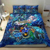 Blue sea turtle tropical bedding set with duvet and two pillowcases on bed
