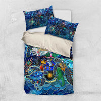Blue sea turtle tropical bedding set: duvet and two matching pillowcases, flat lay
