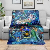Blue sea turtle tropical blanket with large turtles, vivid reef scene, and 'Guadeloupe' text