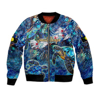 Unisex blue bomber jacket with sea turtle tropical print, front zip, black ribbed cuffs