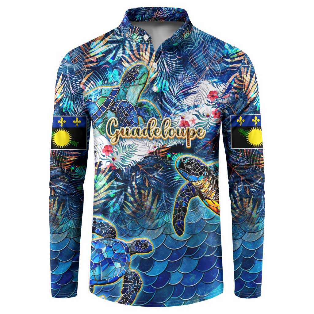 Sea turtle button sweatshirt, dark blue tropical print with “Guadeloupe” script on chest