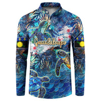Sea turtle button sweatshirt, dark blue tropical print with “Guadeloupe” script on chest