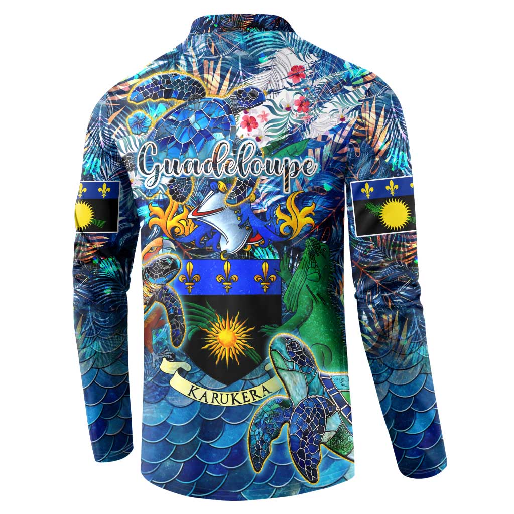 Sea turtle button sweatshirt, dark blue back print with “Guadeloupe” and “KARUKERA”