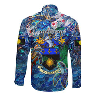 Blue long-sleeve button-up shirt with sea turtle tropical print, back graphic