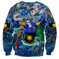 Unisex blue sweatshirt with sea turtles, tropical mural, 'Guadeloupe' and 'KARUKERA'