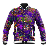 Purple baseball jacket with glitter Mardi Gras mask graphic, ribbed cuffs and collar