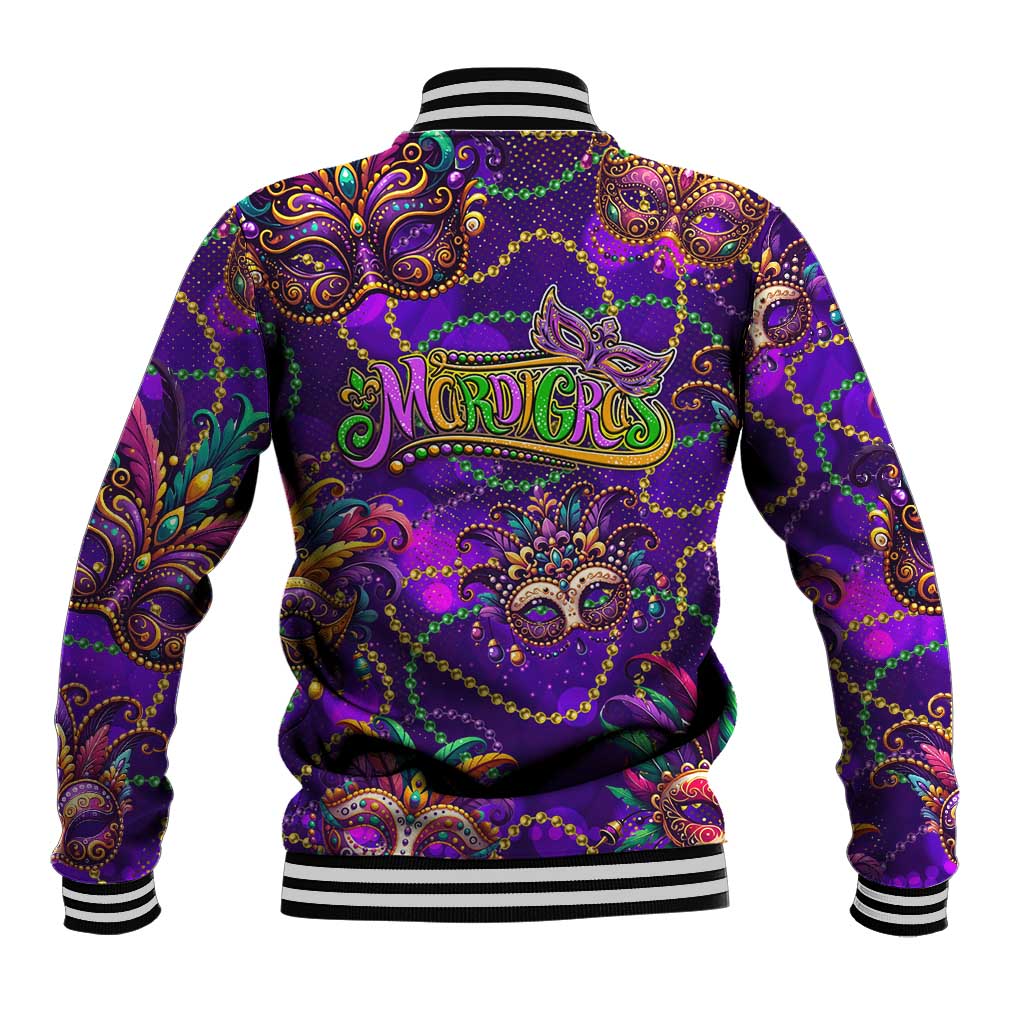 Purple baseball jacket back with glitter Mardi Gras mask and scroll art, ribbed hem