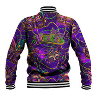 Purple baseball jacket back with glitter Mardi Gras mask and scroll art, ribbed hem