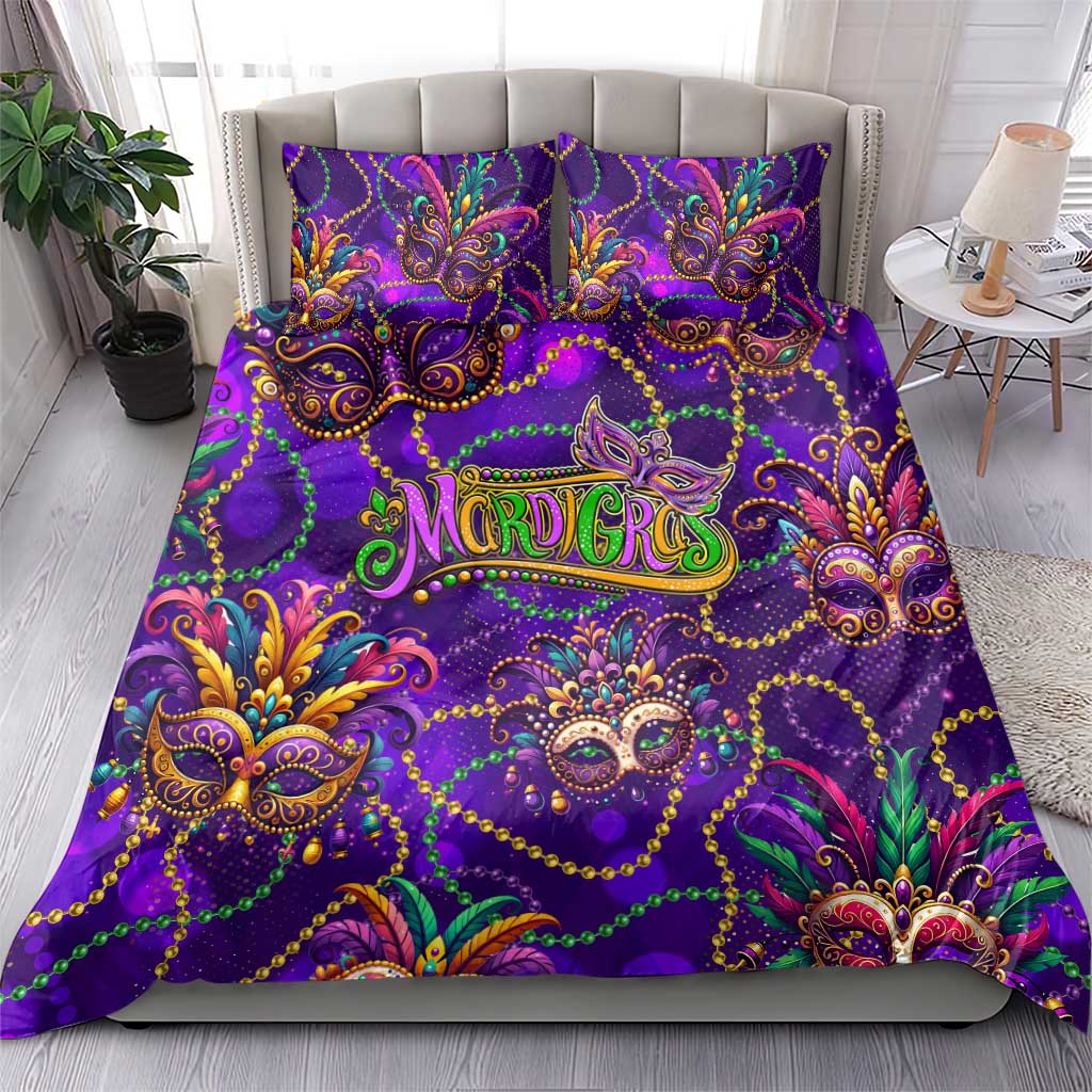 Purple Mardi Gras bedding set with two pillowcases, ornate masks, beads, and 'Mardi Gras' text
