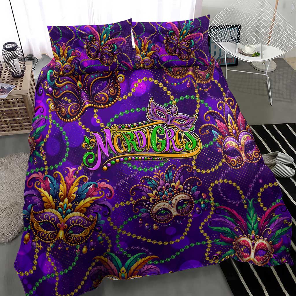 Purple Mardi Gras duvet cover with ornate mask faces, green bead chains, and 'Mardi Gras' logo