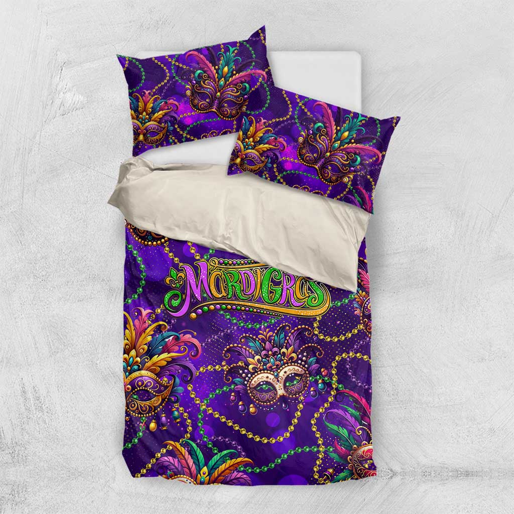 Purple Mardi Gras duvet cover and two pillowcases with colorful masks and bead garland pattern