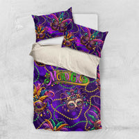 Purple Mardi Gras duvet cover and two pillowcases with colorful masks and bead garland pattern