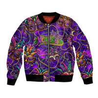 Unisex purple bomber jacket with Mardi Gras mask glitter graphic and front zip
