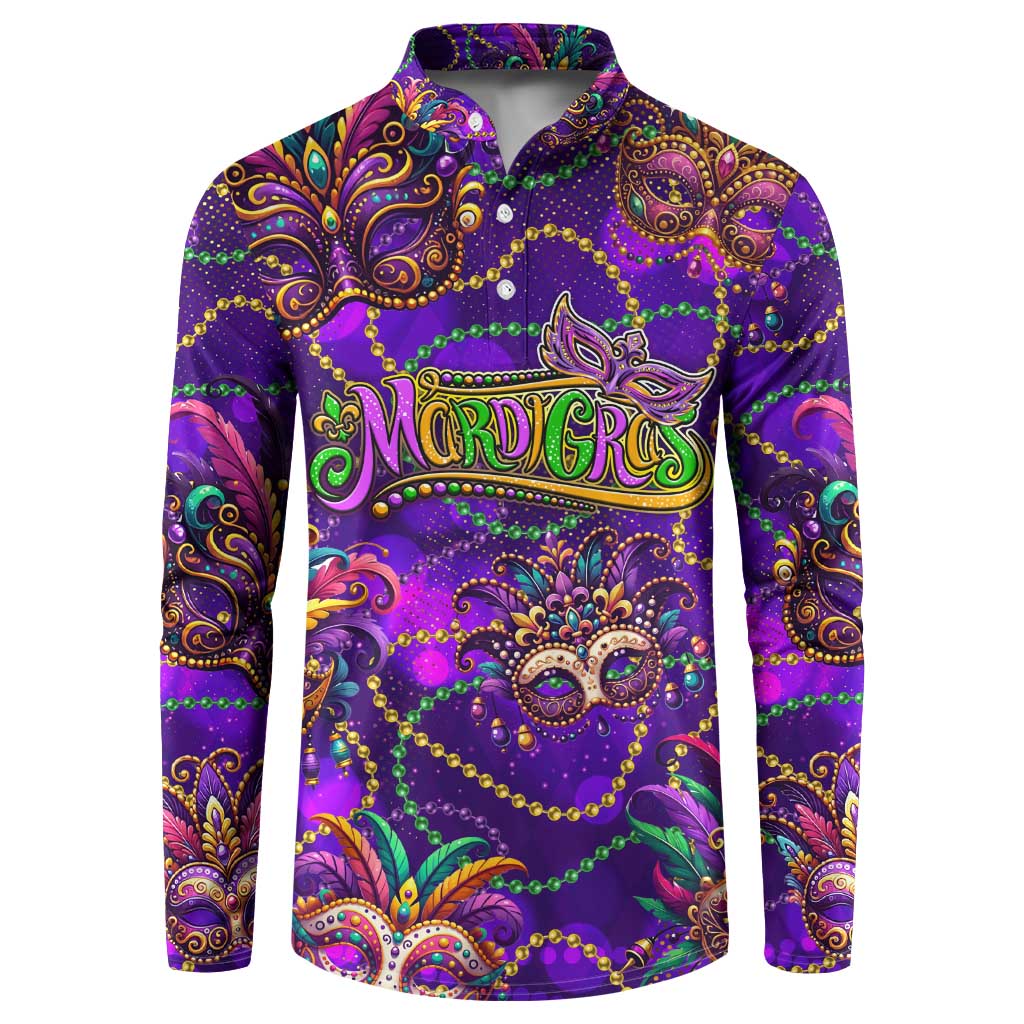 Purple Mardi Gras mask graphic sweatshirt with button placket and long sleeves