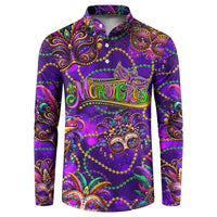 Purple Mardi Gras mask graphic sweatshirt with button placket and long sleeves