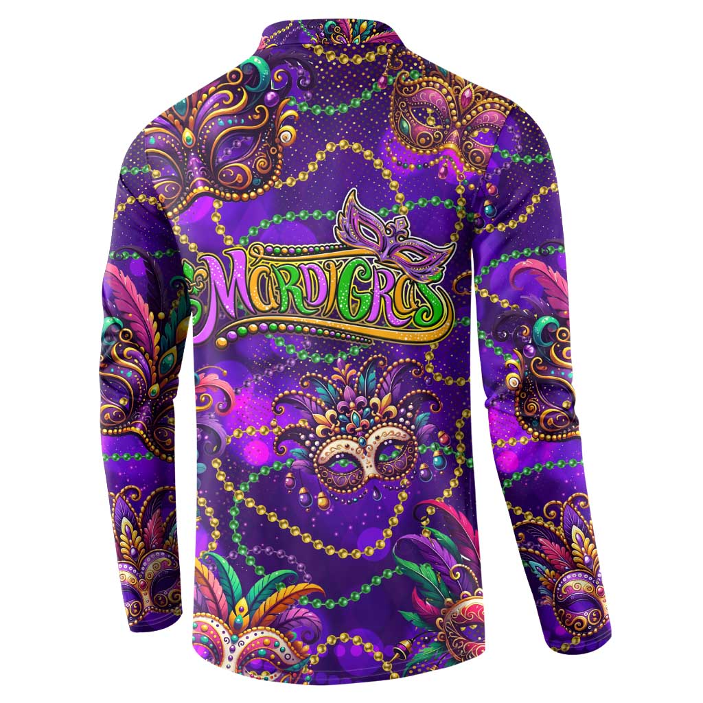 Purple Mardi Gras mask graphic sweatshirt with feathered mask emblem, long sleeves