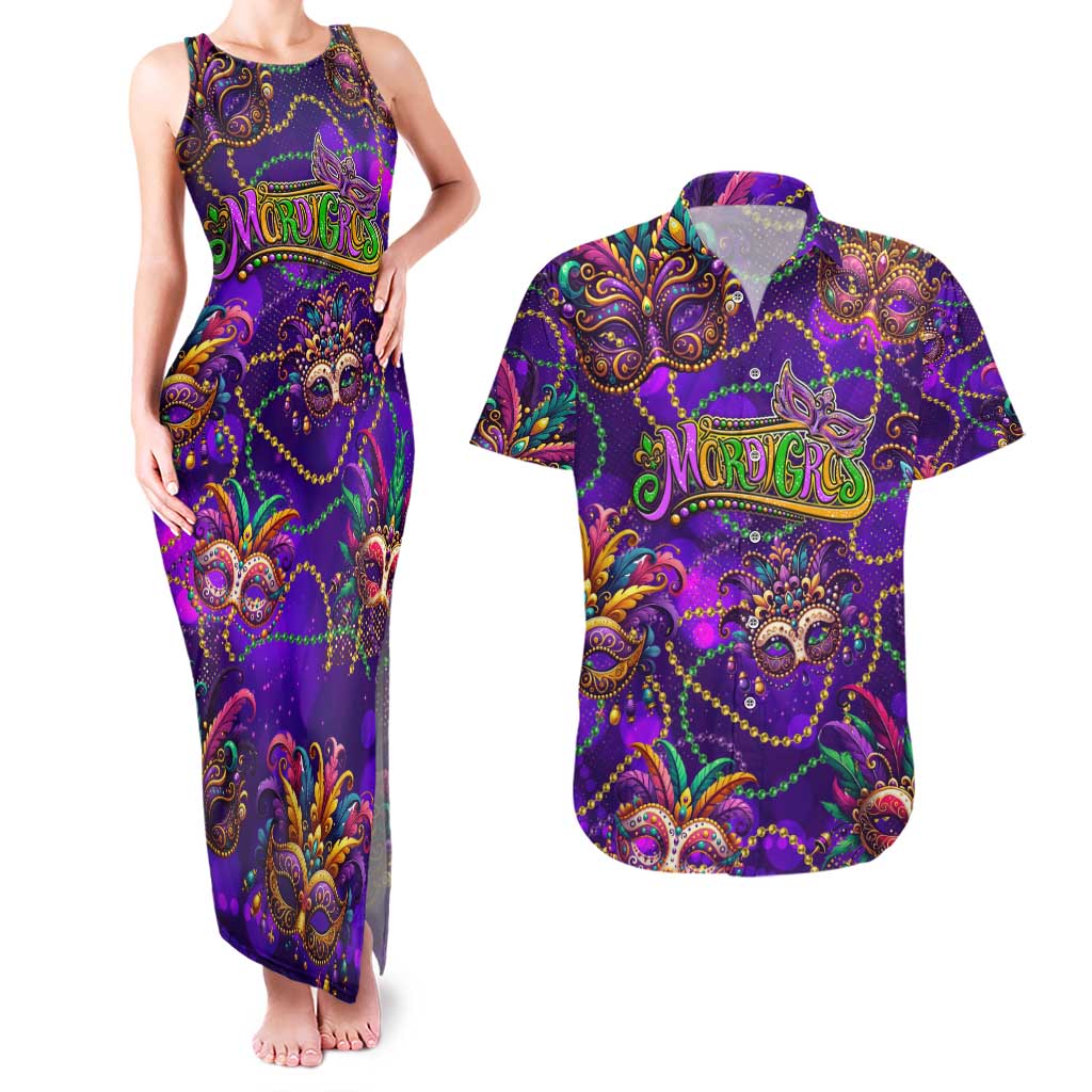 Mardi Gras Couples Matching Tank Maxi Dress and Hawaiian Shirt Mask Glitter Art