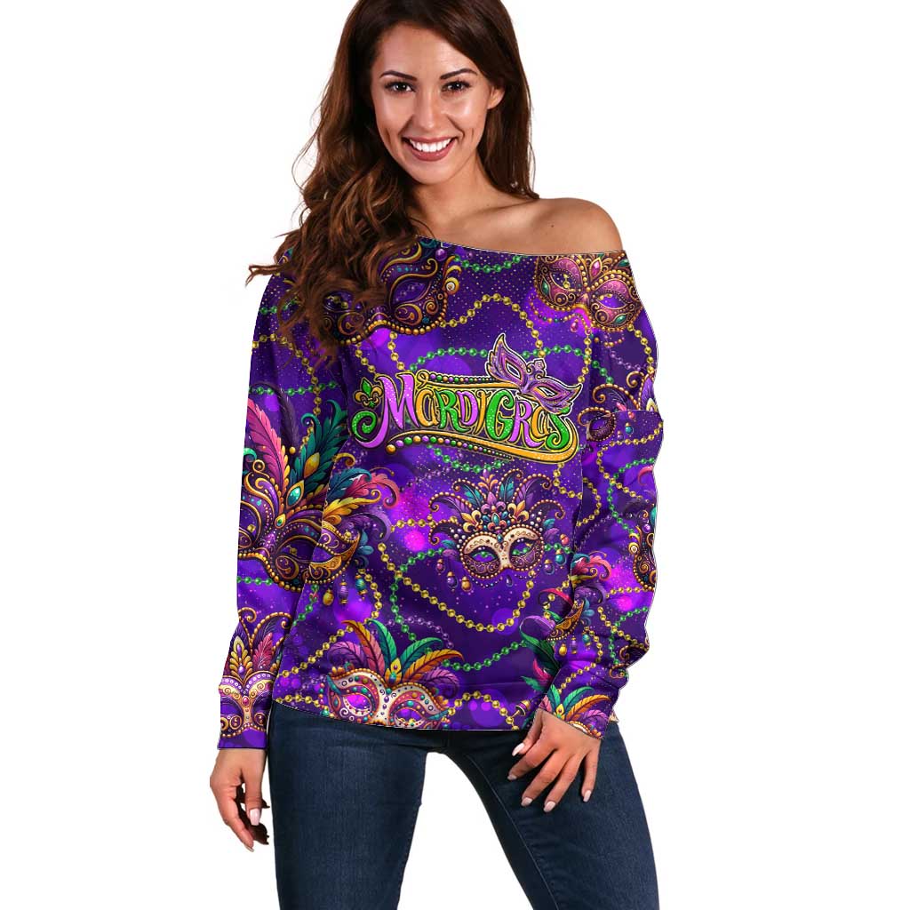 Mardi Gras Off Shoulder Sweater Mask Glitter Art