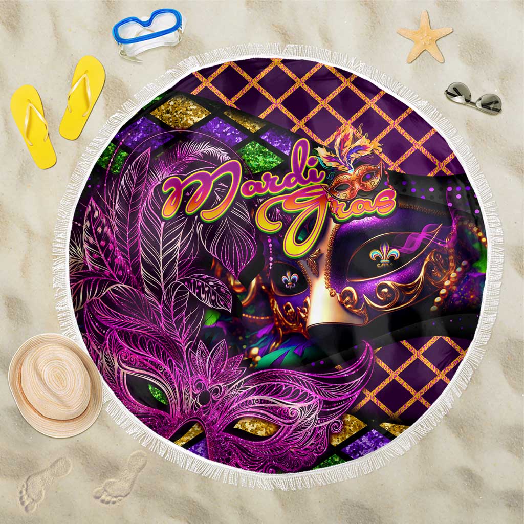 Happy Mardi Gras Beach Blanket Mask Feather Colorfull