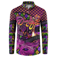 Purple button-up sweatshirt with Mardi Gras mask graphic and fleur-de-lis trim sleeves