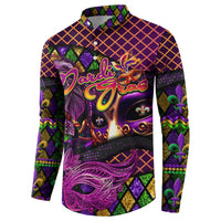 Purple button-up sweatshirt with Mardi Gras face graphic and patterned long sleeves