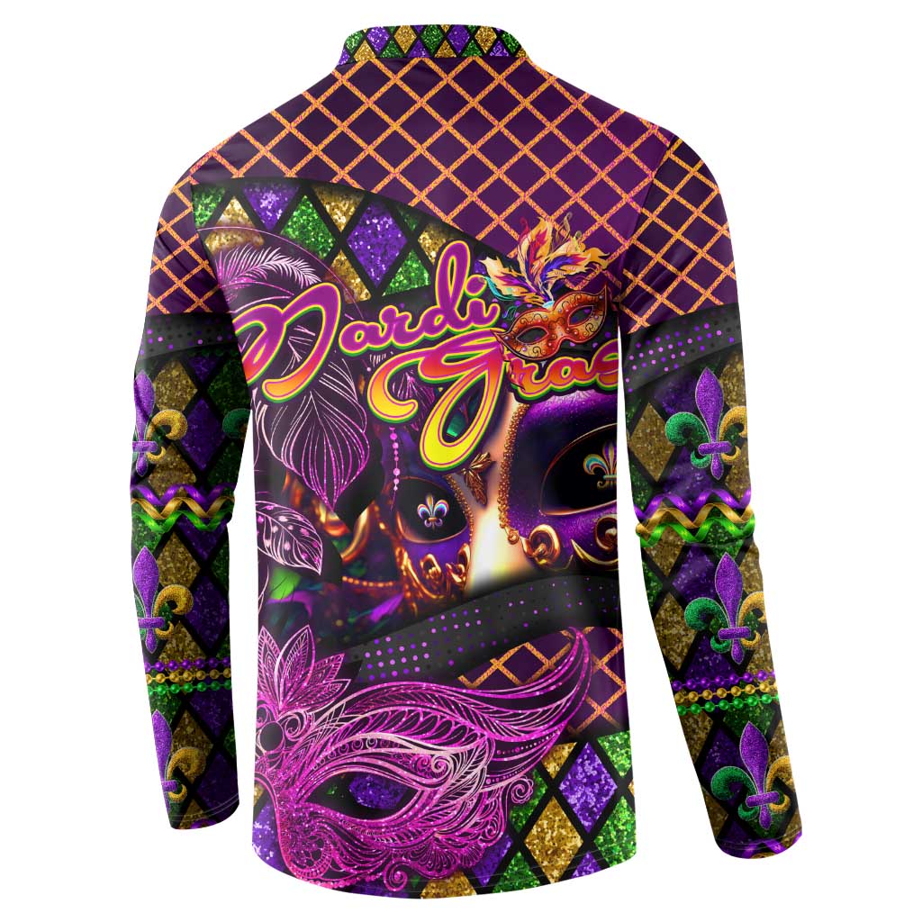 Purple button-up sweatshirt back view with Mardi Gras mask graphic and long sleeves