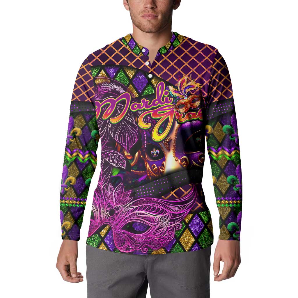 Purple button-up sweatshirt with colorful Mardi Gras face graphic, collared neckline