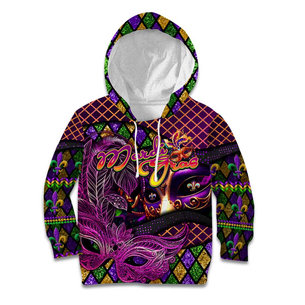 Happy Mardi Gras Kid Hoodie Mask Feather Colorfull - Wonder Print Shop