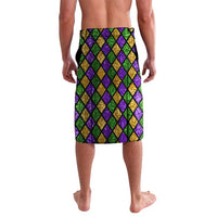 Knee-length sarong skirt in purple, green, and gold diamond pattern