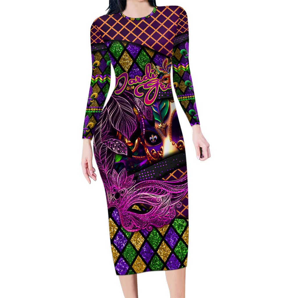 Happy Mardi Gras Long Sleeve Bodycon Dress Mask Feather Colorfull - Wonder Print Shop