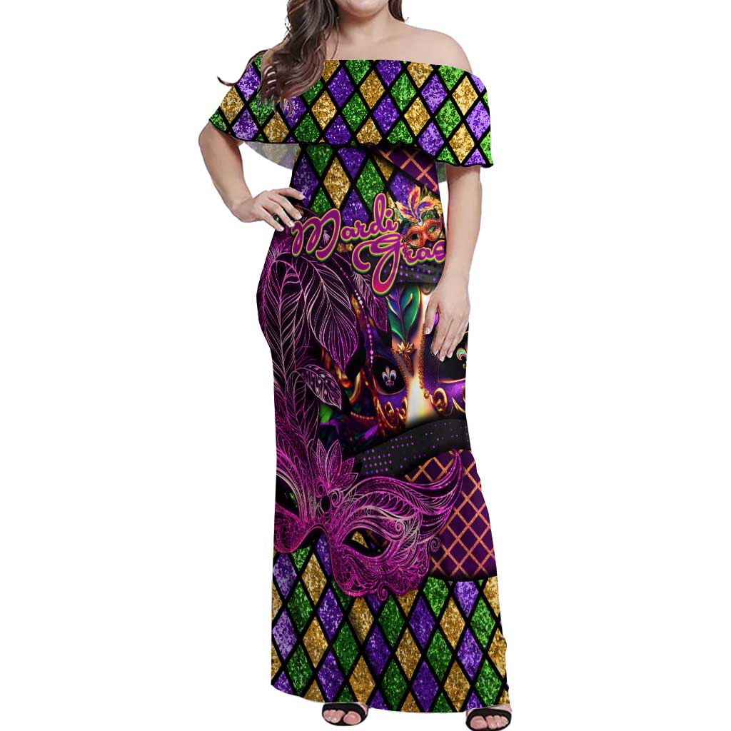 Happy Mardi Gras Off Shoulder Maxi Dress Mask Feather Colorfull - Wonder Print Shop