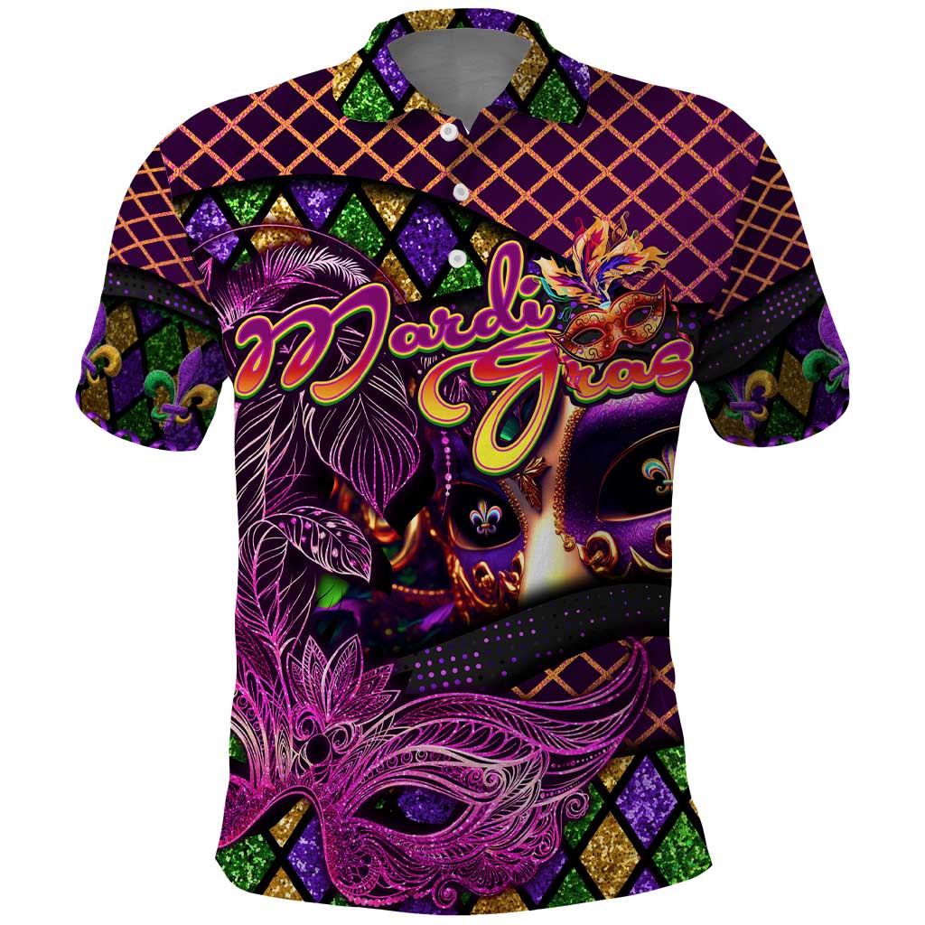 Happy Mardi Gras Polo Shirt Mask Feather Colorfull - Wonder Print Shop