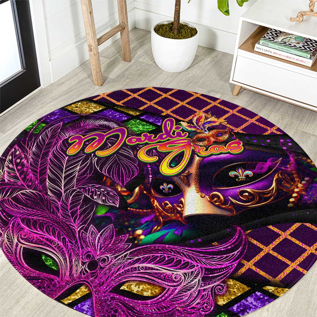 Happy Mardi Gras Round Carpet Mask Feather Colorfull - Wonder Print Shop