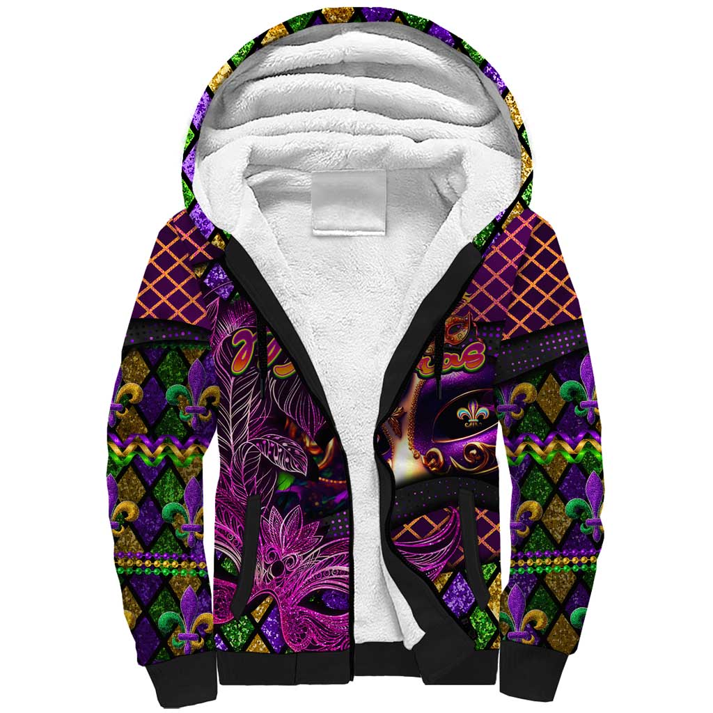 Happy Mardi Gras Sherpa Hoodie Mask Feather Colorfull - Wonder Print Shop