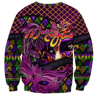 Unisex Mardi Gras sweatshirt, purple and gold mask with feather art, geometric border print