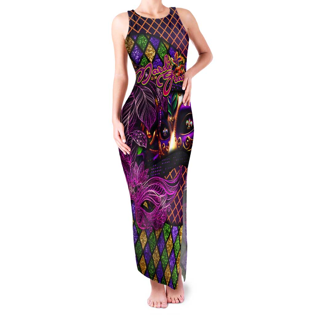 Happy Mardi Gras Tank Maxi Dress Mask Feather Colorfull - Wonder Print Shop