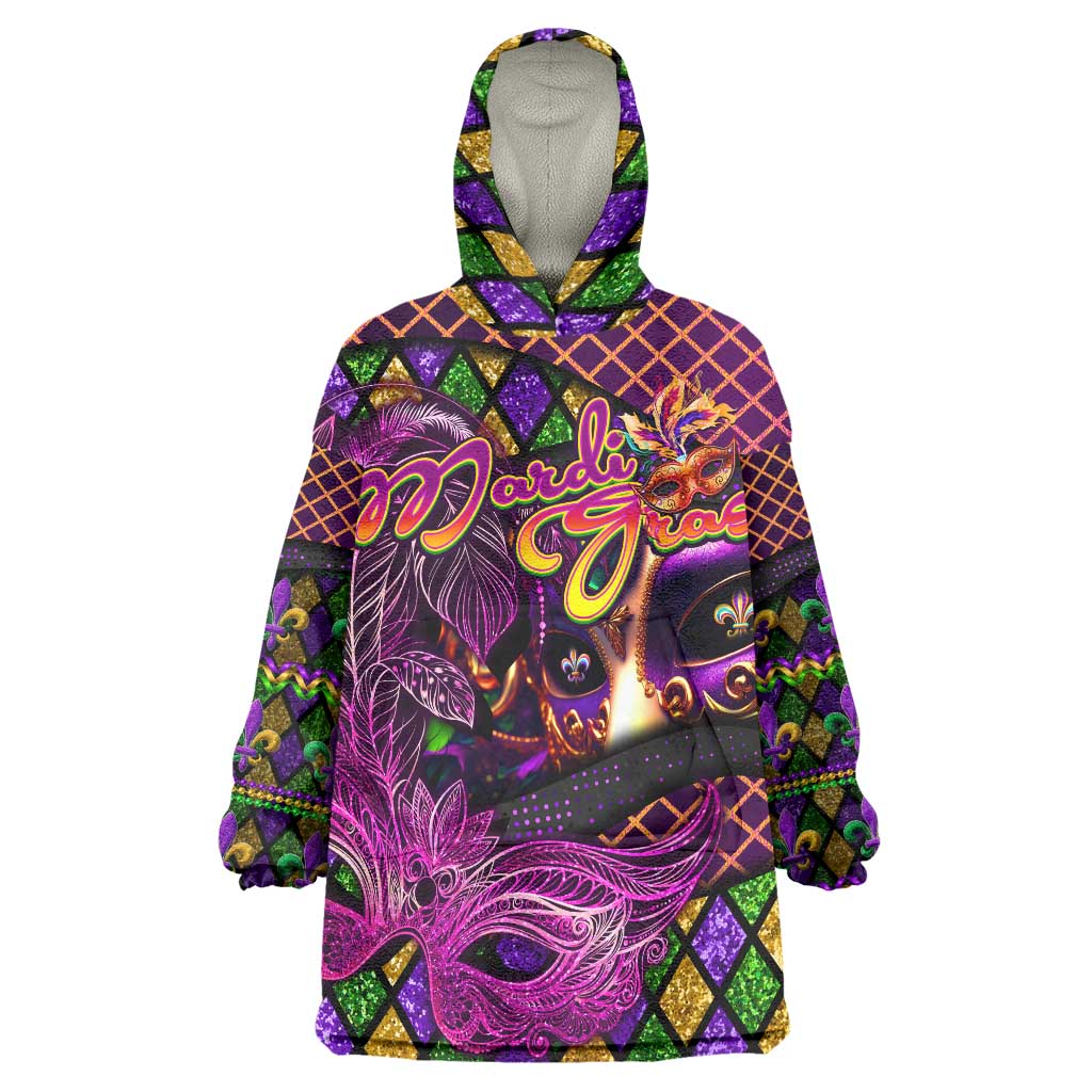 Happy Mardi Gras Wearable Blanket Hoodie Mask Feather Colorfull